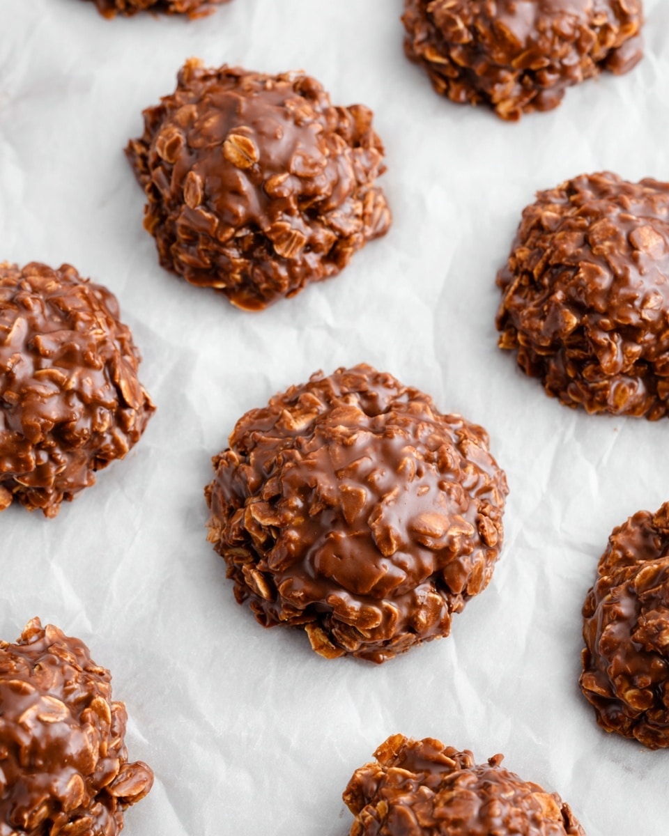 The image shows several round, lumpy chocolate oat cookies placed on white parchment paper. Each cookie has a rough texture with visible oat flakes mixed throughout, covered in a shiny, smooth chocolate coating. The cookies are spaced evenly, displaying a rich brown color from the chocolate and a hint of lighter brown from the oats. The background is a white marbled texture, giving a clean and bright look to the scene. photo taken with an iphone --ar 4:5 --v 7