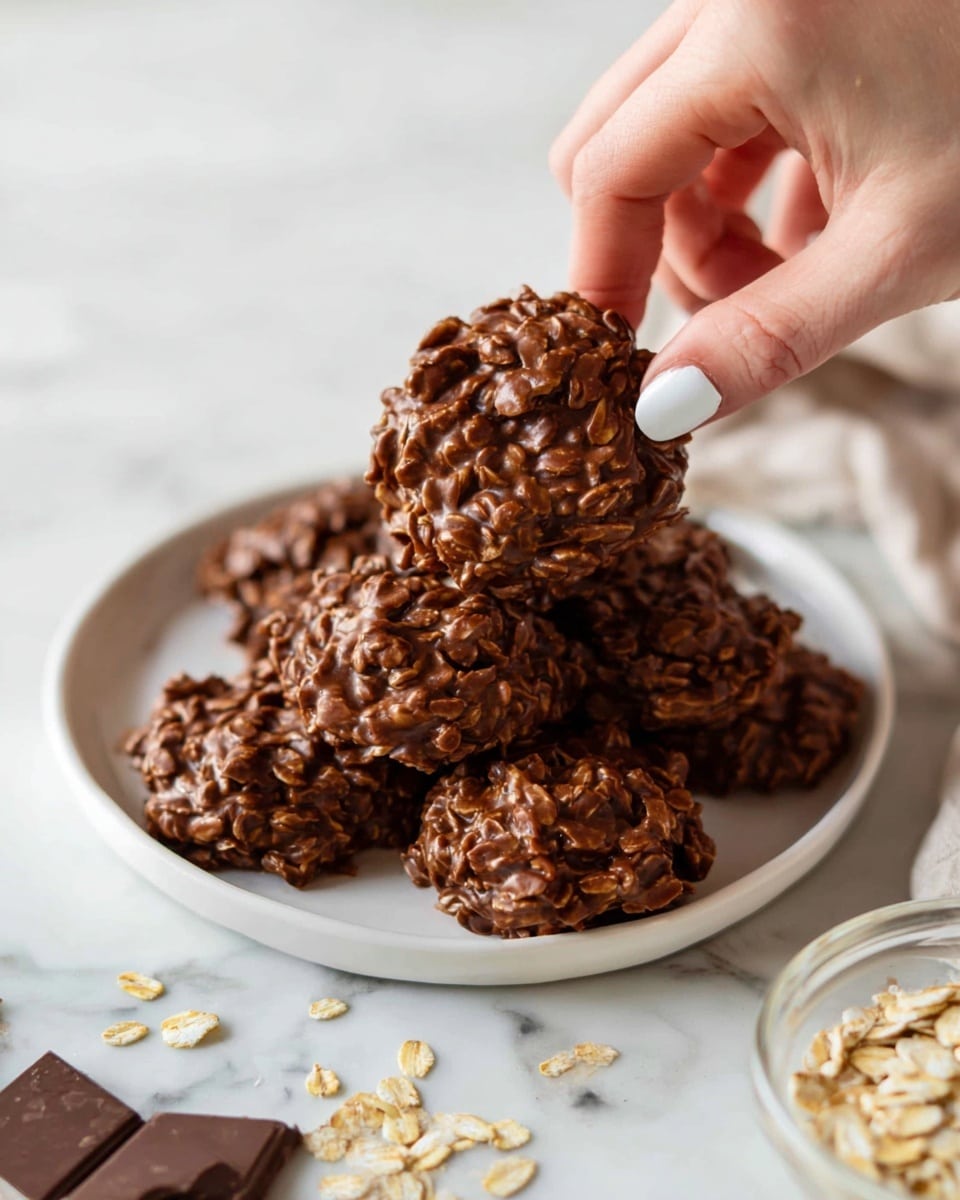 A white plate on a white marbled surface holds a pile of round no-bake cookies made from oats and chocolate, showing bumpy and rough textured layers of oats coated in shiny dark brown chocolate. A woman's hand with white nail polish is holding one cookie above the plate, showing its uneven thick shape and textured surface up close. Crumbs and oats are scattered around the plate, with a piece of chocolate and a small clear bowl of oats visible in the corner. Photo taken with an iphone --ar 4:5 --v 7