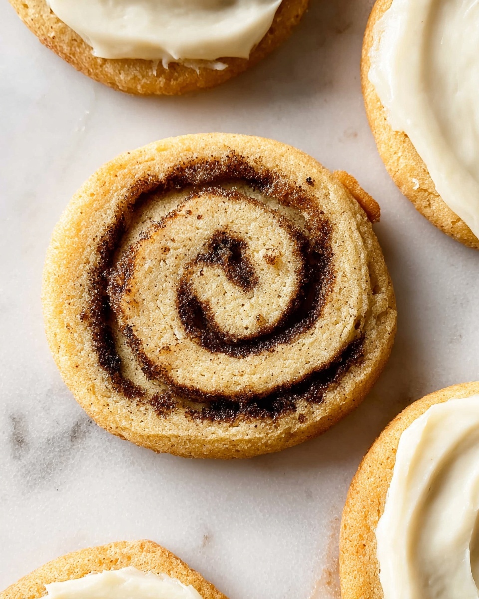 The image shows a close-up of four round cinnamon roll cookies on a white marbled surface. One cookie is fully visible in the center and features a spiral pattern with a light golden-brown dough base and a dark brown cinnamon swirl running through the middle. The other three cookies are partially visible on the right, topped with a smooth, creamy white frosting layer that spreads unevenly across their tops. The cookies have a soft texture and slightly crisp edges. Photo taken with an iphone --ar 4:5 --v 7