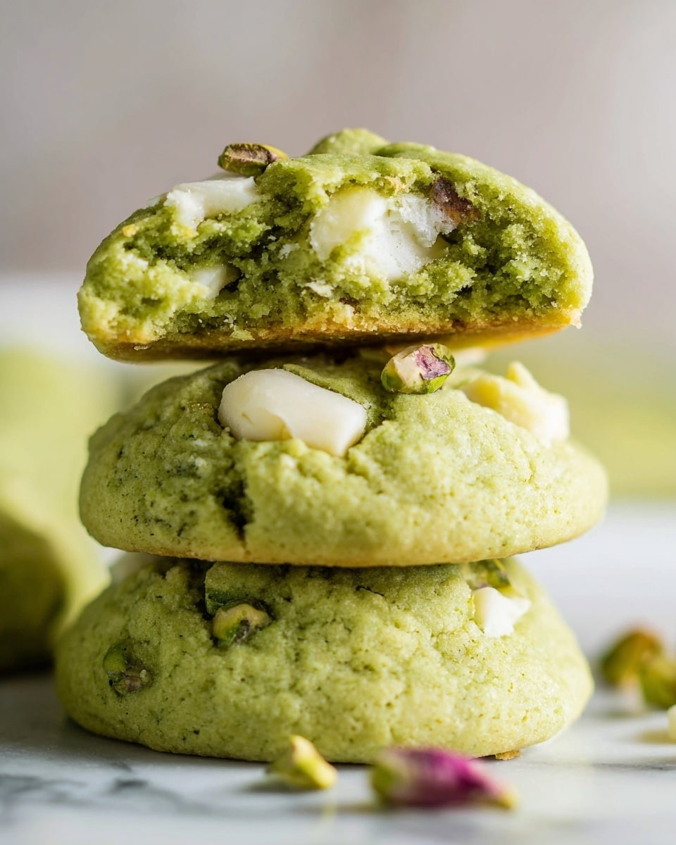 The image shows a close-up of three green cookies stacked on top of each other on a white marbled surface. The cookies have a soft texture with visible white chunks inside them, likely white chocolate or nuts. The top cookie is broken in half, revealing a moist and crumbly inside with more white chunks. There are some small pistachio pieces scattered around the stack, adding a touch of green and brown. The overall scene looks bright with a soft, blurred background, keeping the focus on the cookies. photo taken with an iphone --ar 4:5 --v 7