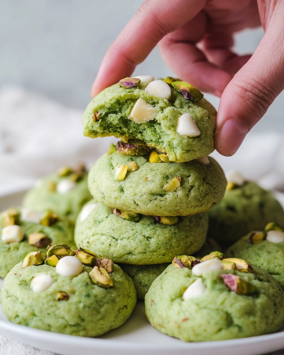 The image shows a close-up of round, soft green cookies with a slightly bumpy texture. Each cookie has visible white chocolate chips and pieces of green pistachio nuts scattered on top and inside. The cookies are stacked on a white plate placed on a white marbled surface. A woman's hand is gently picking up one cookie from the top of the stack, highlighting the cookie's softness and texture. The green color of the cookie dough contrasts with the creamy white chips and the darker green nuts, making the treat look fresh and tasty. Photo taken with an iphone --ar 4:5 --v 7