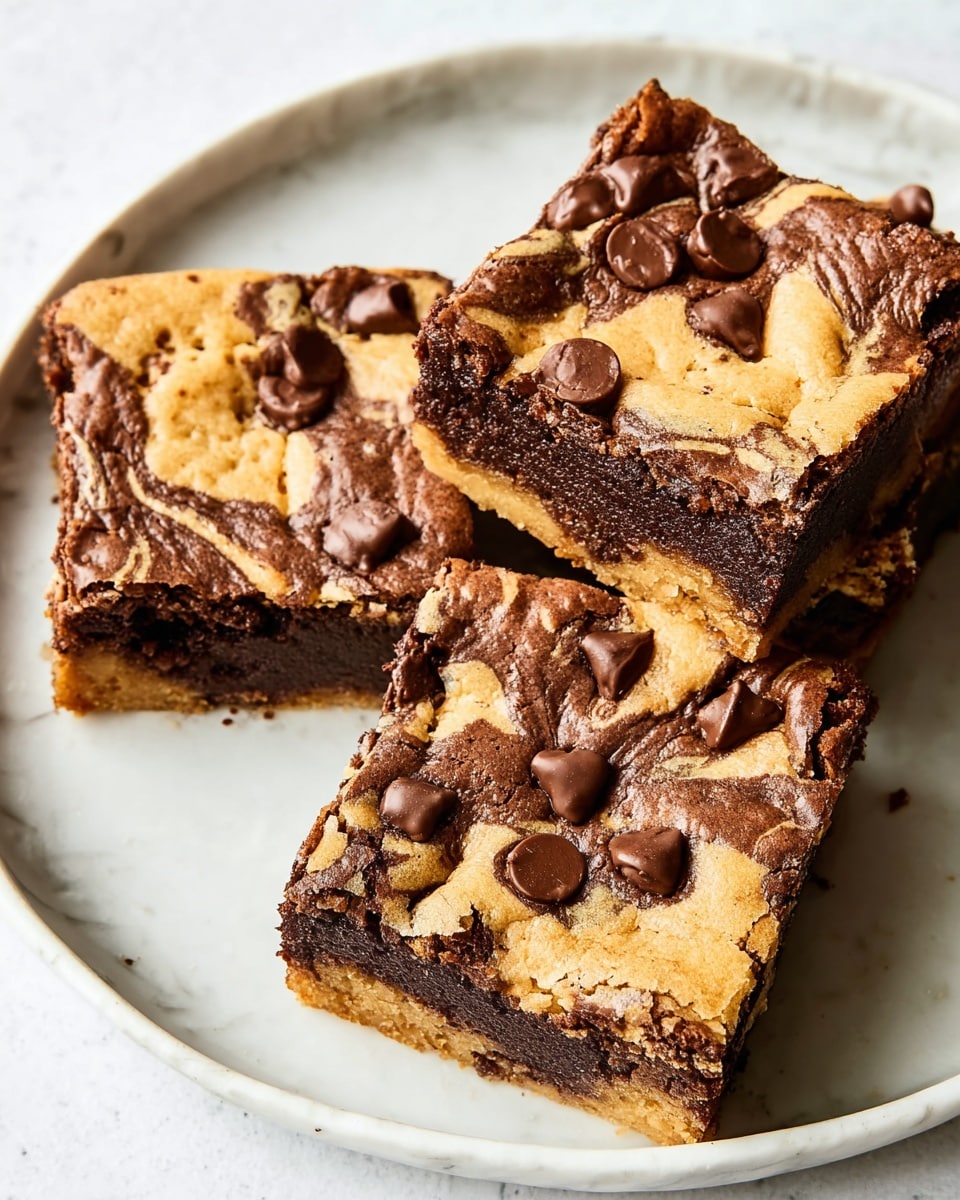 A close-up view of two stacked dessert bars with three visible layers: the bottom and top layers are dark brown and fudgy with a slightly cracked texture, while the middle layer is a soft, golden brown cookie dough mixed with chunks of melted milk chocolate, creating a marbled look where the two layers meet. The top surface shows uneven patches of cookie dough and gooey chocolate pieces, some melting and oozing slightly. The bars rest on a simple white plate placed on a white marbled surface. photo taken with an iphone --ar 4:5 --v 7