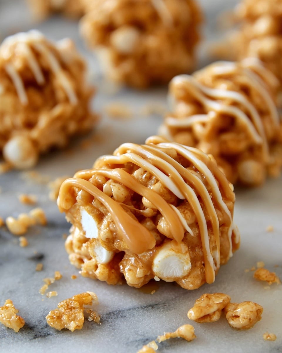 A close-up view of small, irregularly shaped snack bites made of crispy cereal pieces mixed with white marshmallows, giving a rough texture. Each bite is lightly coated with a smooth, light brown caramel or peanut butter sauce, with three thick lines of the same sauce drizzled evenly on top. The snacks sit on a white marbled surface with a soft focus on the background showing more of the same bites scattered. Crumbs from the cereal are visible around the bites. Photo taken with an iphone --ar 4:5 --v 7