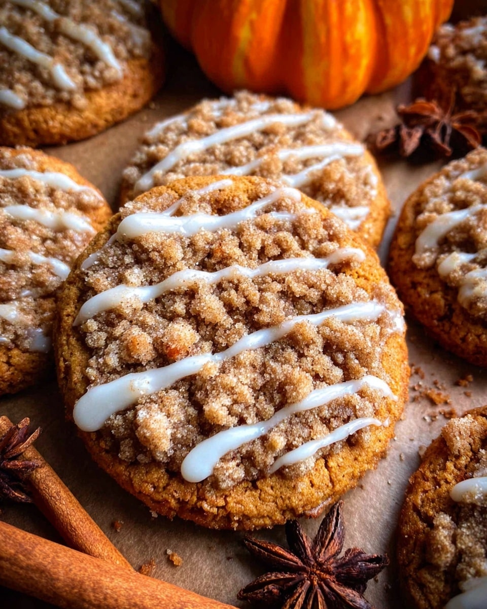 The image shows several round cookies with a golden brown base, each topped with a rough, crumbly layer of light brown streusel. Thin white icing is drizzled unevenly across the top of the streusel in narrow lines. One cookie is in the center with a bite taken out of it, showing a soft, slightly darker inside. There are small bright orange pumpkins placed around the cookies, and a star anise spice near the cookies on a surface with white marbled texture. The scene is close-up and warm in tone photo taken with an iphone --ar 4:5 --v 7