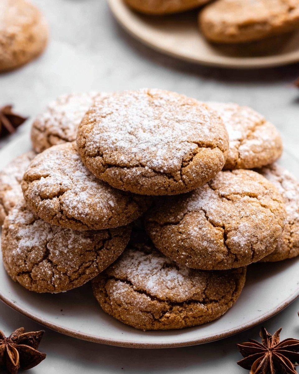 A white plate holds a stack of soft brown cookies with a slightly cracked surface and a light dusting of powdered sugar on top. The cookies are arranged in a circular pile, with some overlapping, showing their uneven round shapes and textured tops. The plate sits on a white marbled surface, and star anise pieces are placed near the top right of the plate, adding a rustic touch. In the background is another white plate with more cookies, slightly out of focus, enhancing the warm and cozy feel of the scene. photo taken with an iphone --ar 4:5 --v 7
