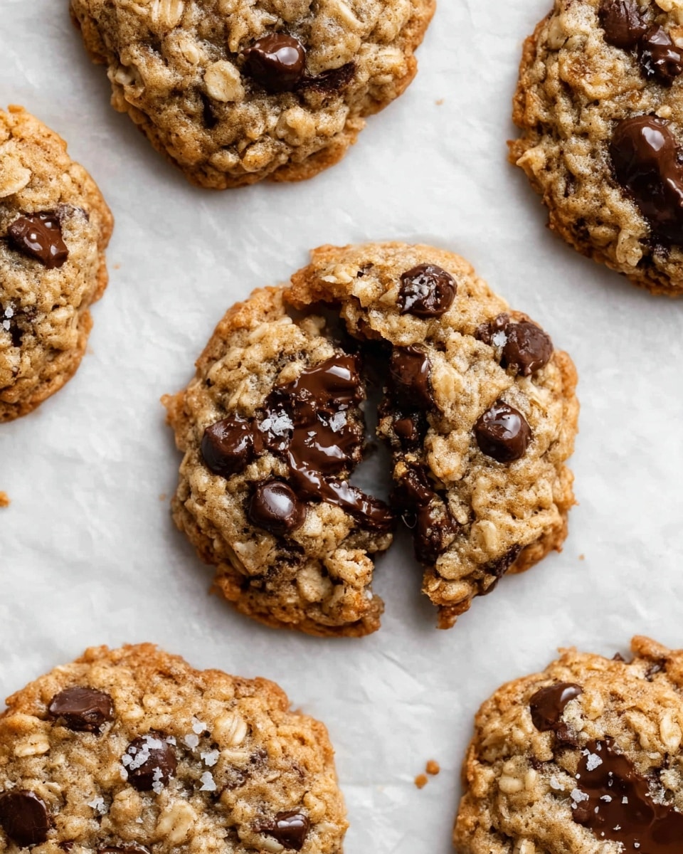 Four oatmeal chocolate chip cookies are stacked on a white plate, each cookie light brown with a rough texture and visible chocolate chips on top and inside. The top cookie has small salt flakes scattered on it, and a woman's hand is gently picking it up from the right side. A piece broken off from the bottom right side of the stack shows the soft inside filled with more chocolate chips. In the background, there is a blurred glass of milk on a white marbled surface. Photo taken with an iphone --ar 4:5 --v 7