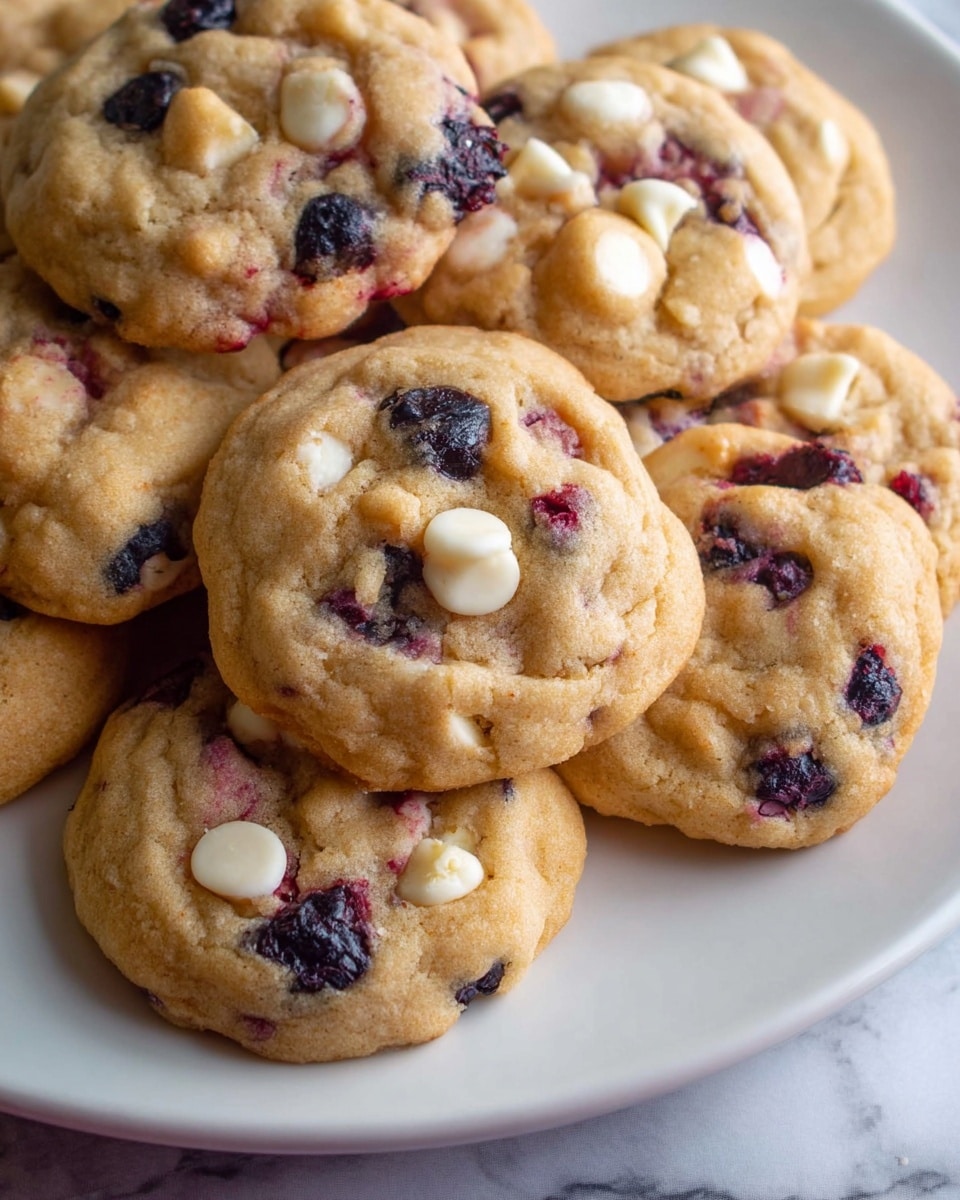 A white plate filled with soft, round cookies that have a golden-brown color with a slightly rough texture. Each cookie contains visible dark purple-blue berries and small white chips embedded throughout. The cookies are stacked closely, some overlapping each other, and a few berries have left slight purple stains on the plate. The background is a white marbled surface. Photo taken with an iphone --ar 4:5 --v 7