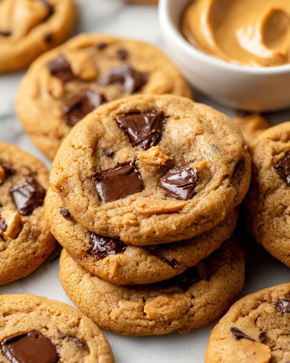 A close-up of several soft, golden-brown cookies stacked on a white marbled surface. Each cookie has a slightly cracked texture with visible chunks of dark chocolate and creamy peanut butter scattered across the top. The chocolate pieces are glossy and partially melted, while the peanut butter spots have a smooth, creamy look. The cookies have uneven, round edges and a slightly thick, chewy appearance. In the background, there is a white bowl filled with creamy peanut butter. Photo taken with an iphone --ar 4:5 --v 7