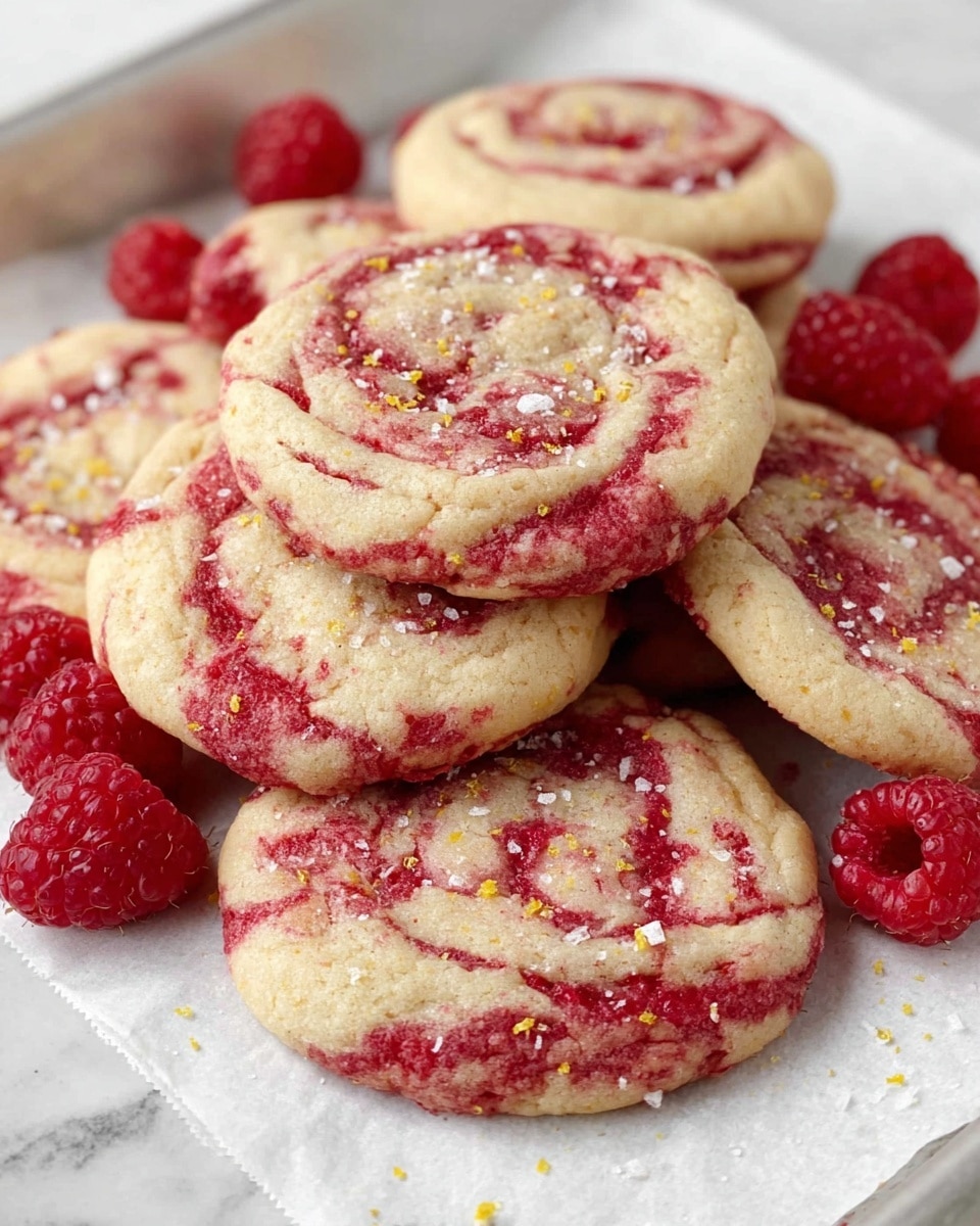 A group of round cookies is stacked on white parchment paper on a baking tray. Each cookie has two colors mixed in swirls: light beige dough blended with vivid red raspberry swirls. The tops of the cookies are sprinkled with small chunks of white sea salt and tiny yellow lemon zest bits. Fresh raspberries are scattered gently around the cookies, adding a bright red contrast. The textures are soft with slightly rough edges on the cookies, showing a delicate, homemade look. The whole scene is set on a white marbled surface. photo taken with an iphone --ar 4:5 --v 7