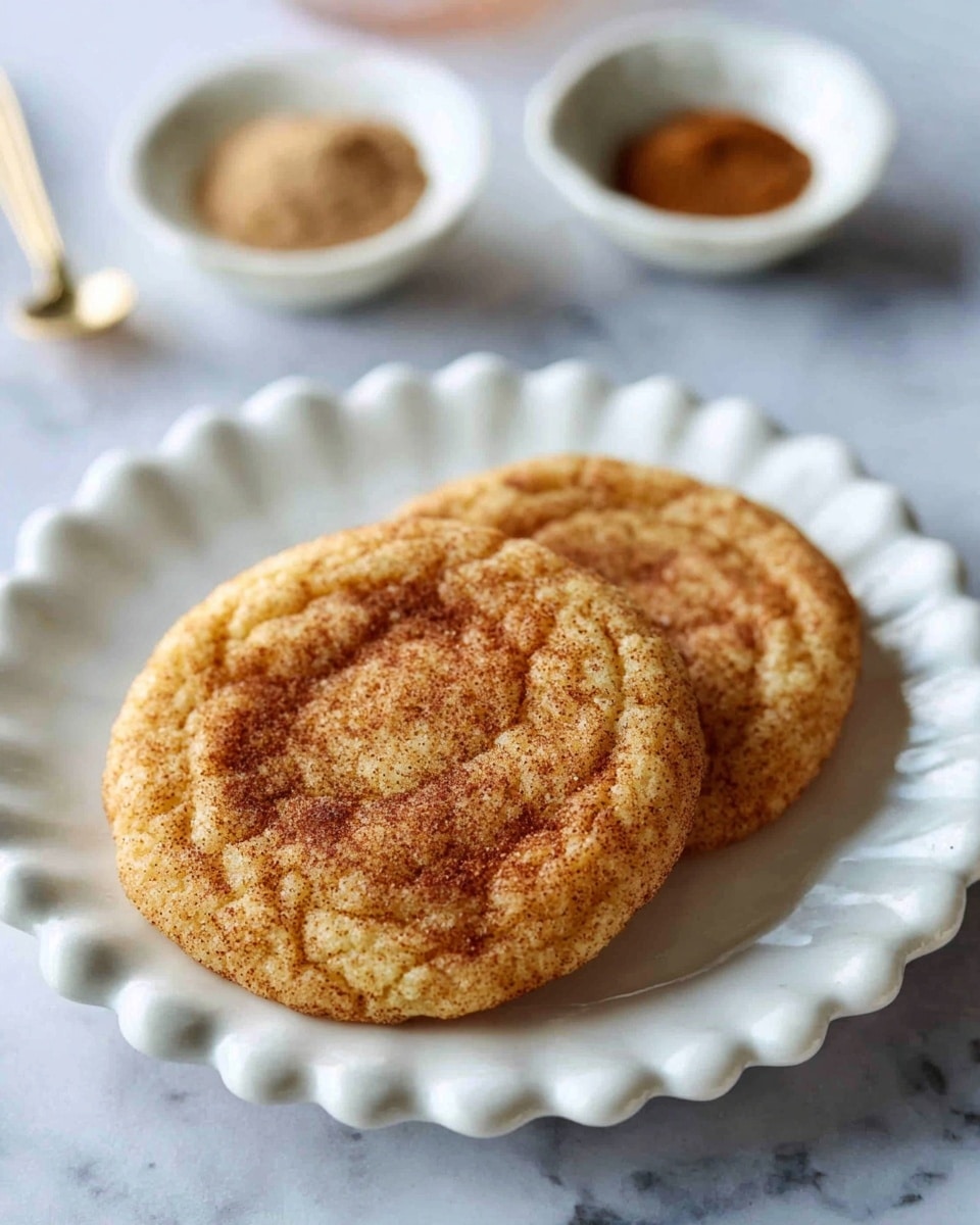 Two round cookies with a rough, slightly cracked surface and a golden brown color sit on a white scalloped plate. The cookies have a dusting of cinnamon, giving them a warm speckled look. In the blurred background, two small white bowls hold spices and a powder, placed on a white marbled surface. photo taken with an iphone --ar 4:5 --v 7