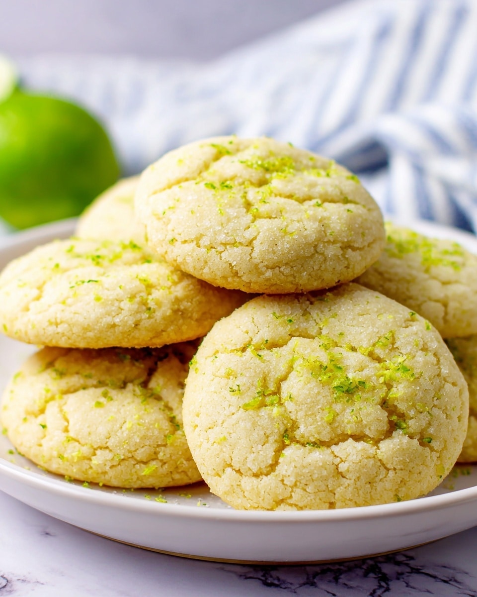 The image shows a close-up of several round cookies stacked closely on a white plate. Each cookie is light yellow with a cracked texture on top and sprinkled with fine green zest pieces, giving a fresh look. The cookies have a soft, slightly crumbly surface and the plate sits on a white marbled textured surface. In the background, there is a soft focus on a white and blue striped cloth and a fresh lime, adding a subtle pop of color. Photo taken with an iphone --ar 4:5 --v 7