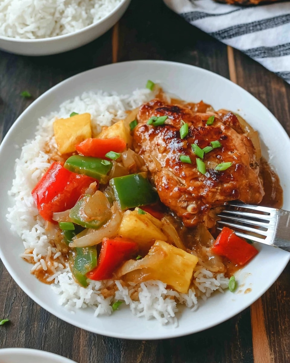A white bowl holds a base layer of white rice, topped with a sauce-covered piece of browned chicken with char marks. Around the chicken, there are chunks of green and red bell peppers, large pieces of onion, and yellow pineapple. The sauce is brown with a slightly thick texture and is sprinkled with small green onion pieces on top. A spoon rests inside the bowl on the left side. The bowl sits on a dark wooden surface with a red and white checkered cloth nearby, and a wooden bowl filled with more white rice is partially visible in the background. Photo taken with an iphone --ar 4:5 --v 7