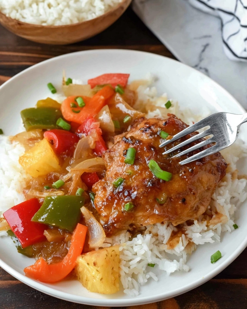 A white plate holds a meal with three main layers: a bottom layer of white rice, a middle layer of bright vegetables including green, red, and orange bell peppers along with chunks of yellow pineapple and translucent onions, all mixed in a light brown sauce, and a top layer featuring a large, browned and glazed piece of chicken with a glossy texture, garnished with small green onion pieces. A silver fork is pressing into the chicken on the right side of the plate. The plate is set on a dark wood surface with a bowl of white rice visible in the background, and the scene has a clean and simple look with a white marbled texture suggested for the surface. Photo taken with an iphone --ar 4:5 --v 7