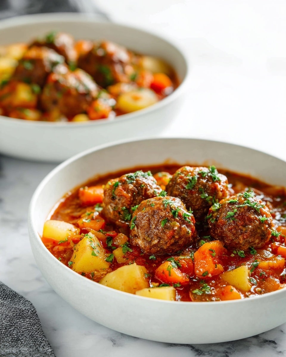 A white speckled bowl holds a rich orange-red broth filled with six browned meatballs scattered evenly on top, surrounded by small cubes of light yellow potatoes and orange carrots, garnished with sprinkles of bright green herbs, likely parsley. A silver spoon rests inside the bowl on the right side, partially submerged in the broth. The bowl is set on a white marbled textured surface with a soft white cloth to the left. Another partially visible bowl with the same soup is in the top left corner. photo taken with an iphone --ar 4:5 --v 7