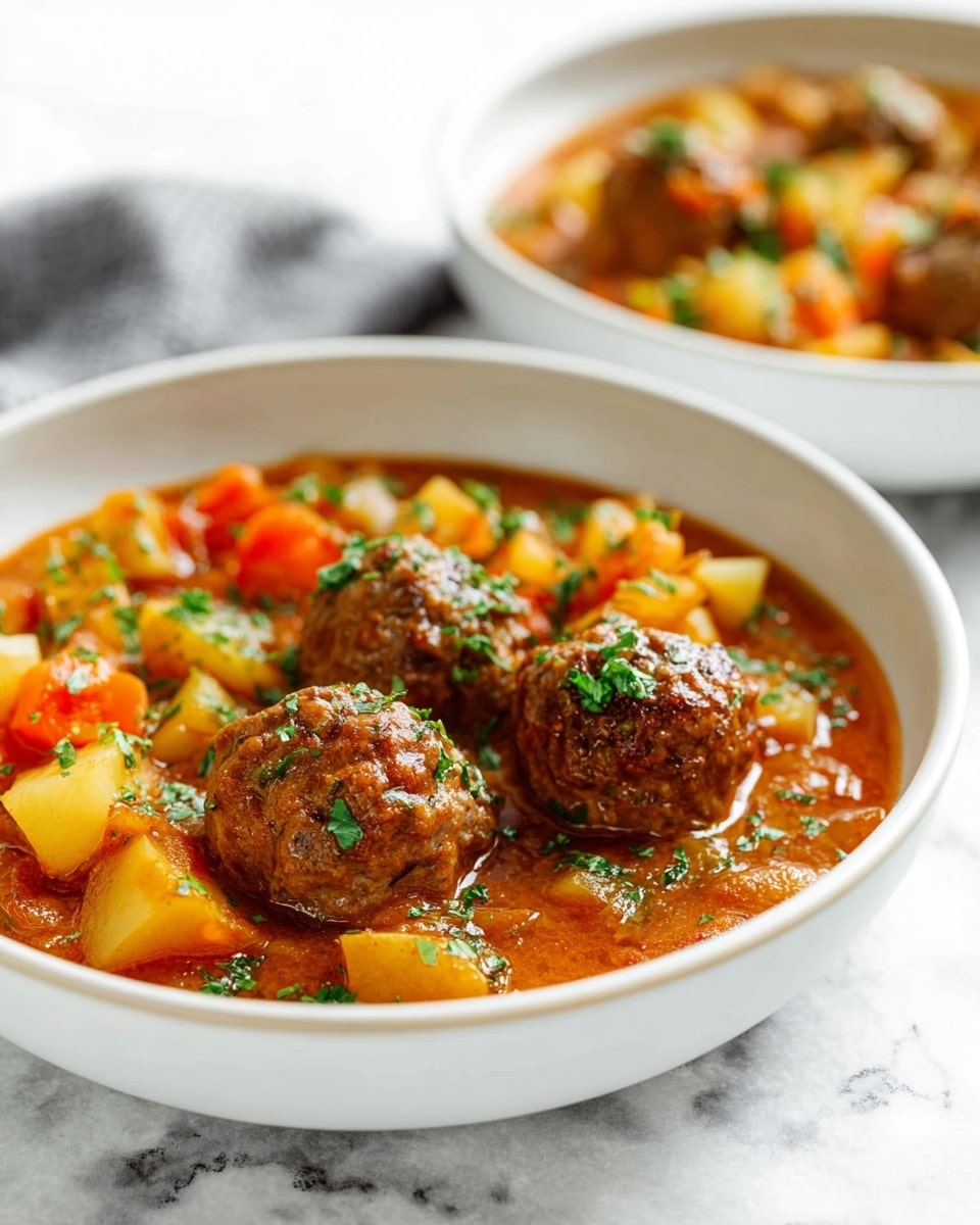 The image shows a white bowl filled with a rich stew containing five round meatballs sitting on top of a bed of diced vegetables like carrots and potatoes. The stew has an orange-brown sauce with bits of green herbs sprinkled on the meatballs and vegetables, making the dish look fresh and colorful. Another similar bowl can be seen blurred in the background, and both bowls are placed on a white marbled surface. The texture of the sauce looks smooth and slightly glossy, while the vegetables and meatballs have a soft but defined look. Photo taken with an iphone --ar 4:5 --v 7