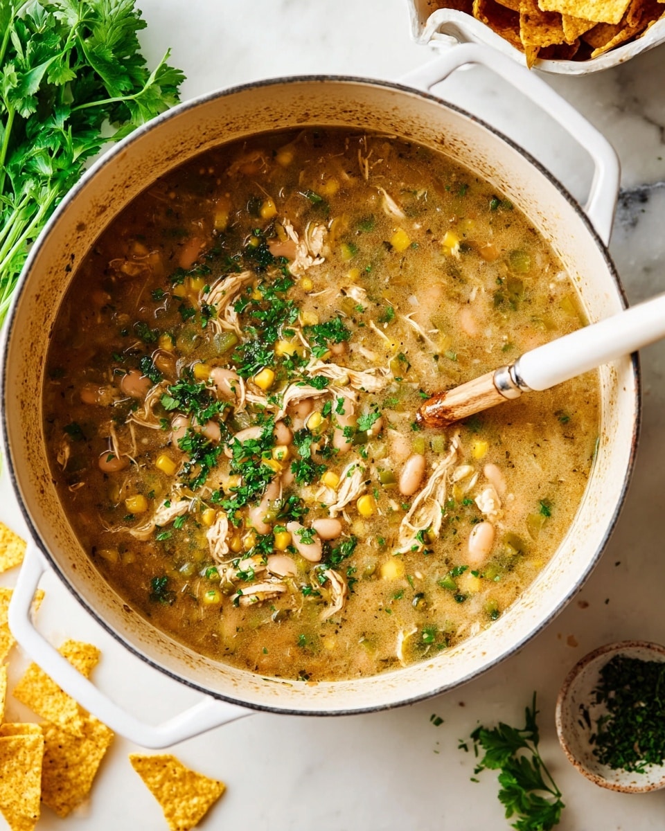 A white pot filled with a thick soup that has a light brown base with visible pieces of shredded chicken, white beans, corn, and diced green vegetables mixed inside. The soup is sprinkled with chopped green herbs on top, adding a fresh texture. A wooden spoon with a white handle is inserted into the soup, stirring gently. Around the pot, small pieces of yellow tortilla chips are scattered on the white marbled surface, with a part of a white bowl holding more chips visible on the top right. Fresh green herbs are also placed around the pot. Photo taken with an iphone --ar 4:5 --v 7