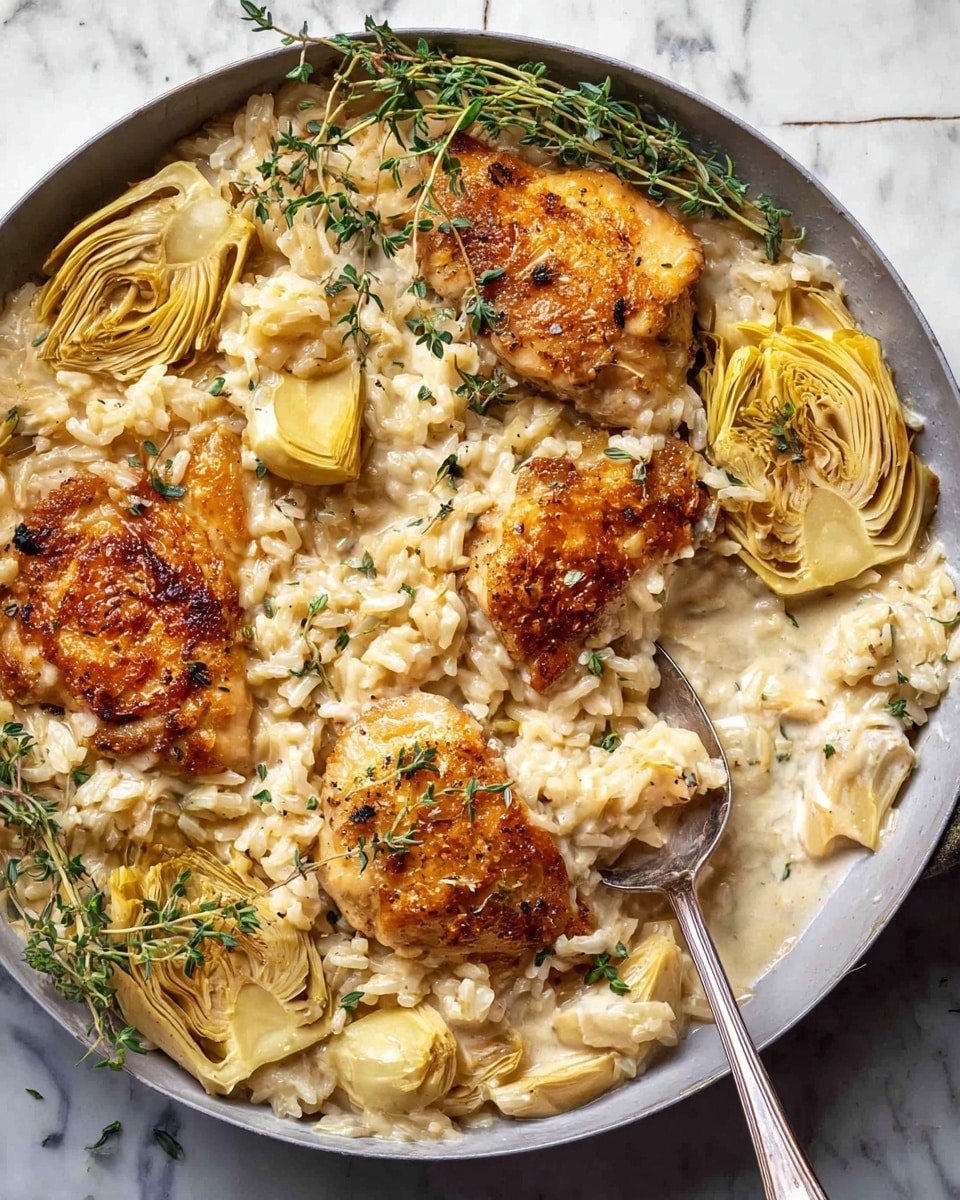 A white plate holds a creamy rice dish with three golden-brown cooked pieces of chicken placed on top, each piece showing a crispy texture with herbs sprinkled over. The rice is creamy and light beige in color, surrounding the chicken and filling the plate. Scattered throughout the dish are pale yellow artichoke hearts adding a soft texture contrast, along with fresh green thyme sprigs placed decoratively on top and around the ingredients. A silver spoon rests inside, partially scooping the creamy rice and one piece of chicken. The background is a white marbled surface. Photo taken with an iphone --ar 4:5 --v 7