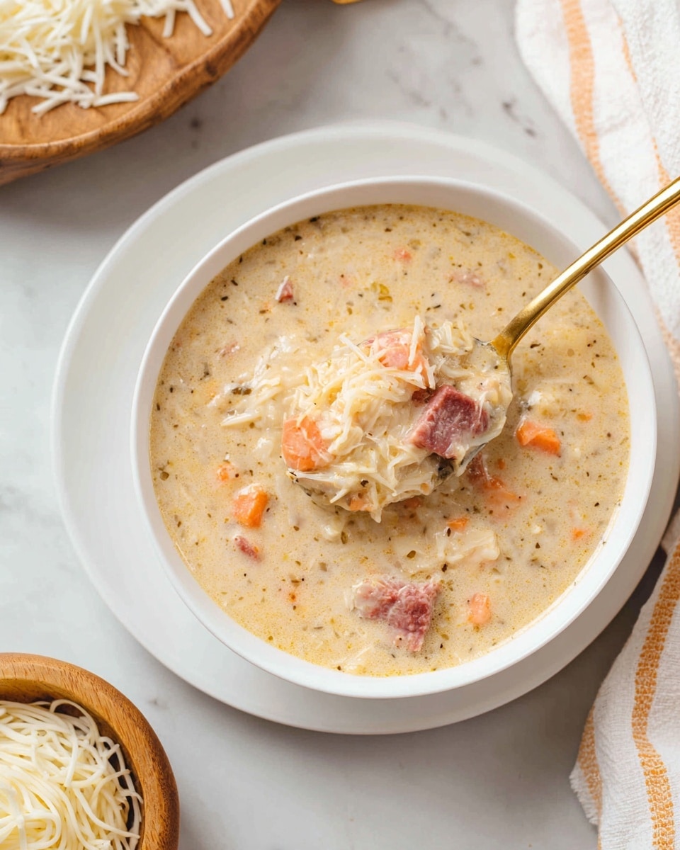 A white bowl filled with creamy soup sits centered on a white plate against a white marbled surface. The soup has a pale orange creamy base with chunks of orange carrot, pinkish pieces of meat, and thin strings of melted white cheese mixed throughout. A gold spoon lifts a scoop of the soup, showcasing the layered ingredients clearly in the center. To the side, a wooden bowl holds fine white shredded cheese. A white cloth with orange stripes is partially visible in the background. photo taken with an iphone --ar 4:5 --v 7