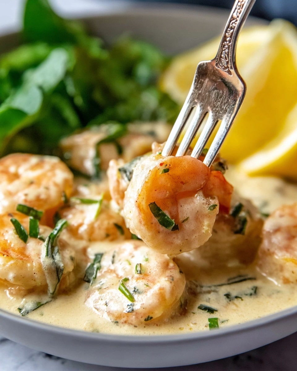 A close-up view of a white bowl filled with shrimp in a creamy, light beige sauce with small green herb pieces scattered on top. The shrimp are slightly pink with a soft texture, mostly covered by the sauce. A silver fork with detailed engraving is lifting one shrimp in the center. In the background, there are small bright yellow lemon wedges and blurred green leafy vegetables, all placed on a white marbled surface. photo taken with an iphone --ar 4:5 --v 7