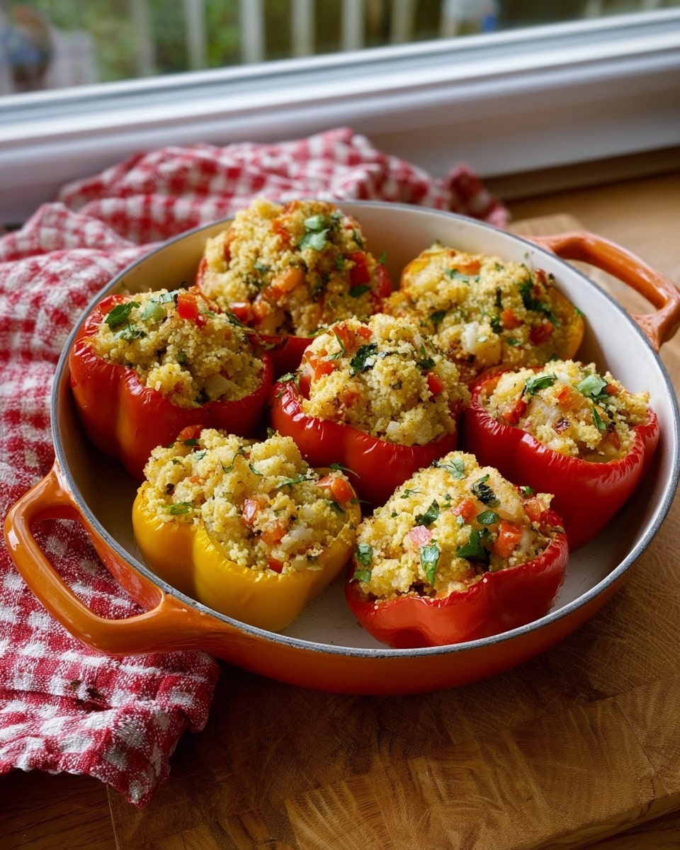 Seven stuffed bell pepper halves sit in a round white dish with orange handles. Each pepper half is filled with a crumbly, light yellow mixture that includes small white pieces and bits of red and green vegetables. The peppers are a mix of red and yellow colors, and the filling is piled high, slightly overflowing the edges. The dish is placed on a wooden surface next to a red and white checkered cloth, with a window in the background casting soft natural light. The surface under everything is white with a marbled texture. photo taken with an iphone --ar 4:5 --v 7
