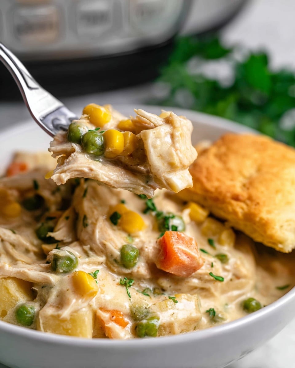 A white bowl is filled with creamy chicken stew showing visible layers of shredded chicken, green beans, corn, peas, diced potatoes, and carrots in a thick light yellow sauce. On top to the right side of the bowl sits a golden- brown biscuit with a soft, slightly puffed texture. Behind the bowl, the edge of a white slow cooker filled with the same stew is visible, with a wooden spoon stirring inside. Fresh green parsley is placed on the white marbled surface near the bowl. A salt and pepper shaker set stands to the left of the bowl, with a fork and knife to the right, resting on the surface. Photo taken with an iphone --ar 4:5 --v 7