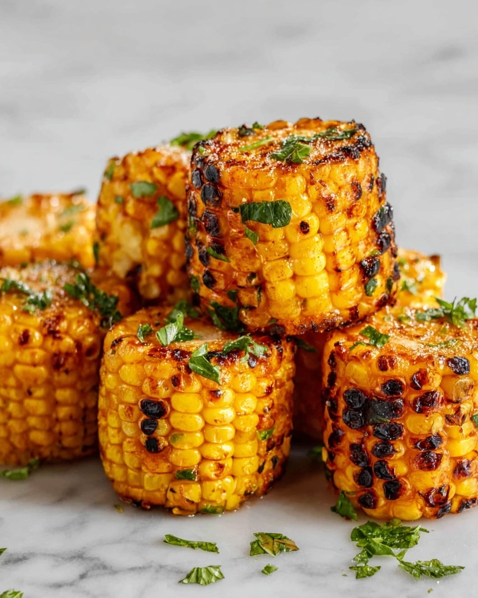 The image shows several pieces of grilled corn stacked in a small pile on a white marbled surface. Each piece is cut into thick rounds, showcasing rows of bright yellow kernels with charred spots that add a rich brown and black texture. The corn is sprinkled with small green herb leaves, giving a fresh contrast to the warm colors. The kernels appear juicy and slightly shiny, suggesting a light coating of seasoning or oil. Photo taken with an iphone --ar 4:5 --v 7