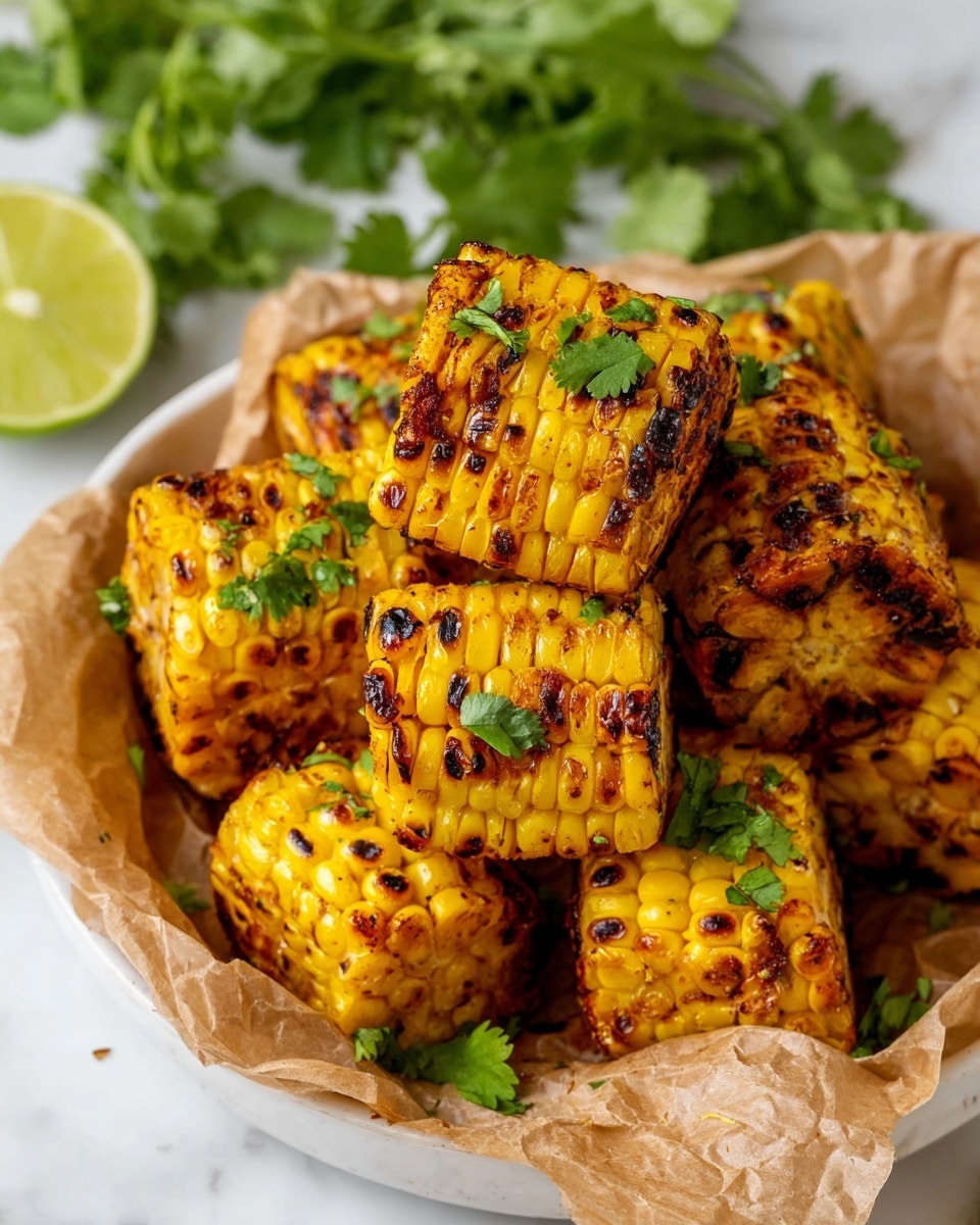 The image shows several pieces of grilled corn cut into short thick rounds, stacked closely in a round white bowl lined with light brown parchment paper. The corn pieces are bright yellow with dark brown and slightly black char marks, giving a smoky appearance. Small green herb leaves, likely cilantro, are sprinkled on top of the corn pieces, adding contrast. In the background, there are some fresh green cilantro sprigs and a sliced green lime on a white marbled surface. The whole setting looks fresh and vibrant. photo taken with an iphone --ar 4:5 --v 7