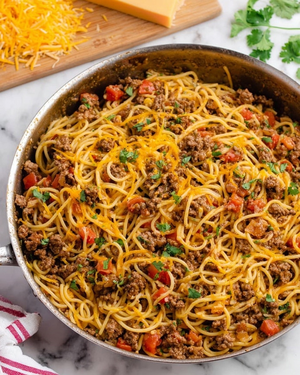 This image shows a close-up of a pan filled with cooked spaghetti mixed evenly with ground beef, small red tomato pieces, and melted yellow cheese. The spaghetti strands are long and tangled, coated slightly in a light sauce, with bits of green cilantro scattered on top for color. The textures include soft noodles, crumbly beef, and smooth melted cheese all combined throughout the dish. The pan edges frame the food, emphasizing the warm and hearty meal. Photo taken with an iphone --ar 4:5 --v 7