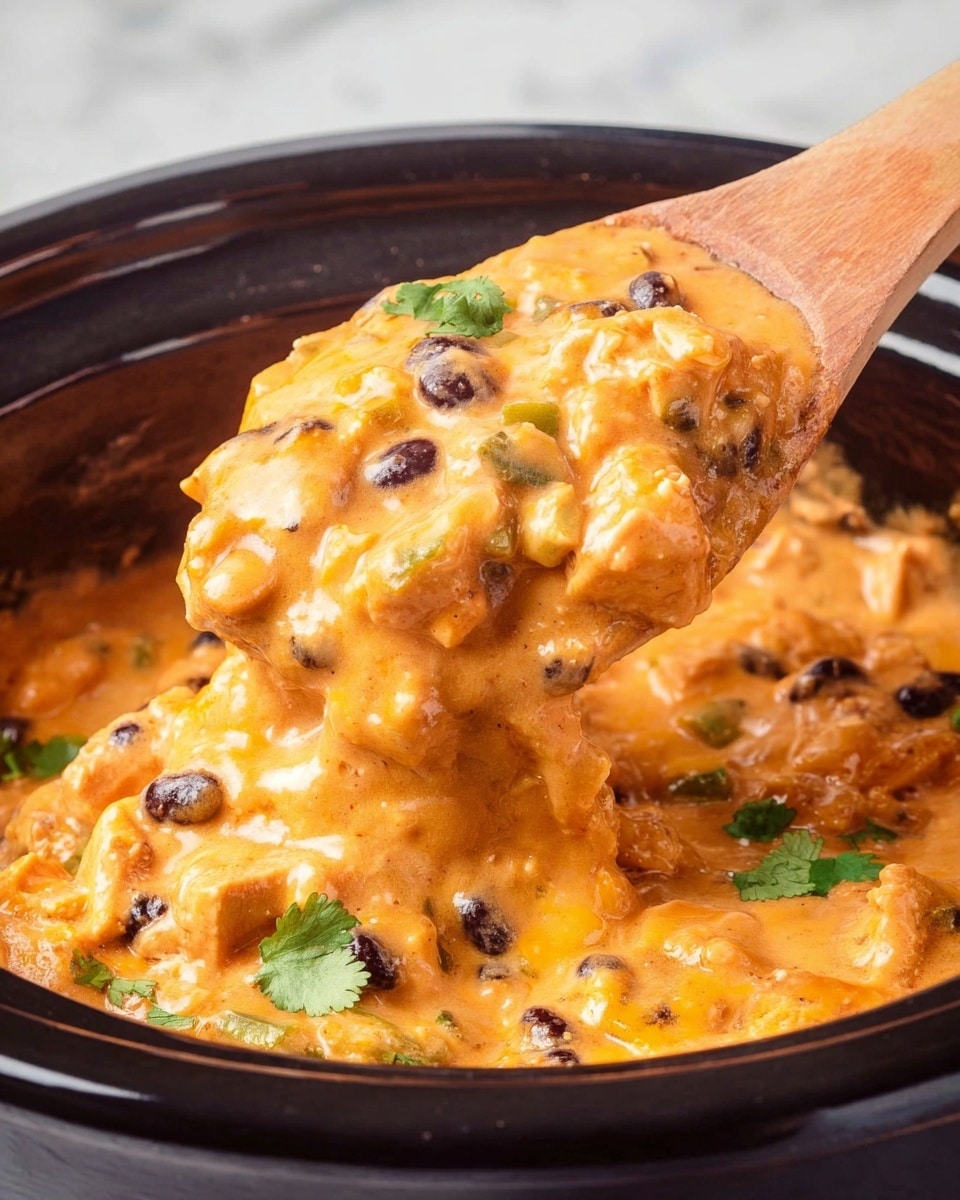 The image shows a creamy orange dish with melted cheese and small black beans mixed inside, served in a black pot. The dish has a thick, smooth texture with some chunks of what looks like chicken or vegetables, and scattered fresh green cilantro leaves on top. A wooden spoon lifts a generous scoop of the creamy mixture, showing its rich and cheesy consistency with more black beans and small green pepper pieces visible. The background is a white marbled texture. photo taken with an iphone --ar 4:5 --v 7