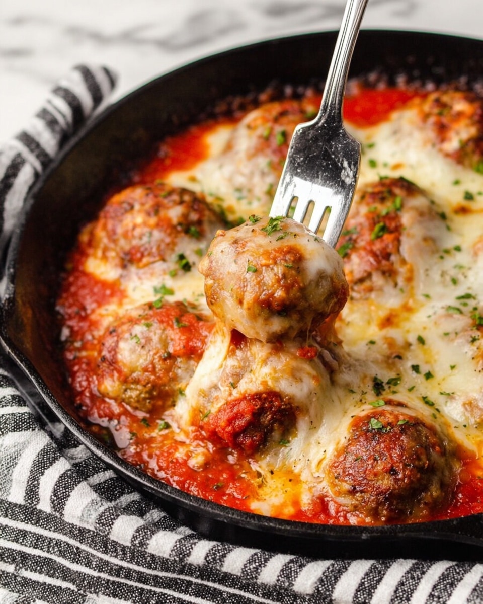 A black pan filled with round meatballs covered in a thick layer of melted cheese that is golden and bubbly on top. Below the cheese, there is a bright red tomato sauce that looks smooth and rich. The meatballs have a brownish texture visible under the sauce and cheese. Small bits of green herbs are sprinkled over the cheese and sauce for color. A fork is lifting one meatball, showing the soft inside under the sauce and cheese. The pan sits on a fabric with black and white stripes over a white marbled surface. photo taken with an iphone --ar 4:5 --v 7