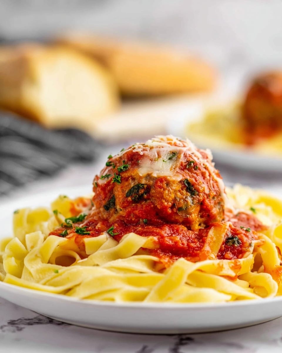 A white plate holds a bed of pale yellow cooked fettuccine noodles spread flat and layered as the base. On top of the noodles sits a large meatball coated with a thick red tomato sauce, with bits of green herbs sprinkled on it and melted white cheese partially covering the meatball's surface. The sauce also spreads lightly over the noodles around the meatball. The background shows a blurred close-up of another meatball and some bread on a white marbled surface. The photo is taken with an iphone --ar 4:5 --v 7