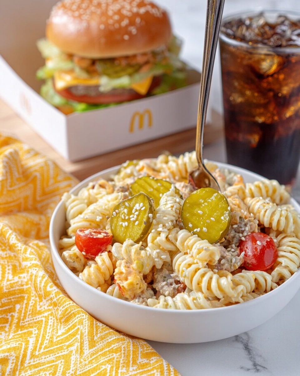 A white bowl filled with creamy rotini pasta salad, mixed with chunks of orange cheese, ground meat, sliced cherry tomatoes, and three pickle slices on top, sprinkled with white sesame seeds; a silver fork is stuck vertically into the pasta. Behind the bowl, there's a burger in a white box with a sesame seed bun, lettuce, and sauce, next to a clear cup filled with dark soda with ice and a straw. The scene is set on a white marbled surface next to a folded yellow cloth with a zigzag pattern. Photo taken with an iphone --ar 4:5 --v 7