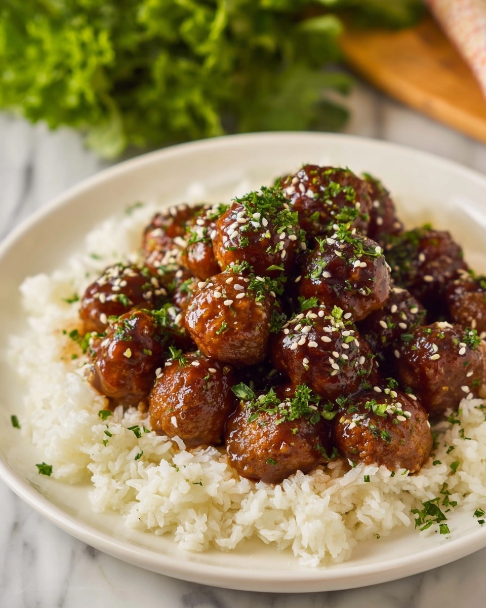 A white plate holds a bed of white steamed rice with a soft, slightly fluffy texture. On top of the rice, there is a mound of small, round meatballs coated in a shiny dark brown sauce with a sticky appearance. The meatballs are garnished with small white sesame seeds and finely chopped green herbs, adding bright green and white specks across the glossy surface. The plate sits on a white marbled surface with some green leafy vegetables in the blurred background. Photo taken with an iphone --ar 4:5 --v 7