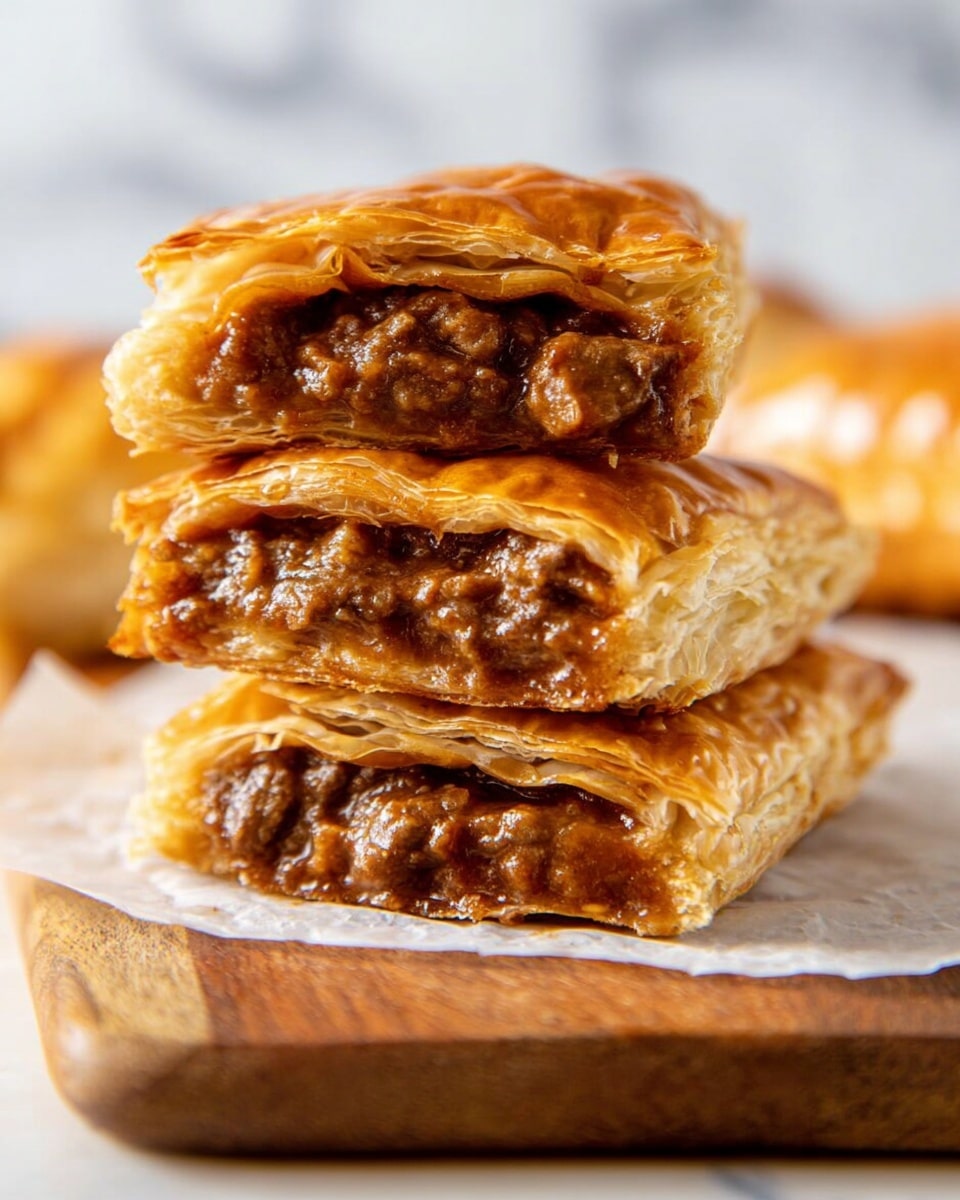 The image shows three layers of a golden brown pastry stacked on top of each other, each filled with a thick, rich brown meat sauce. The pastry crust looks flaky with a shiny surface that reflects the light. The filling is glossy and dense, with small chunks of meat visible amidst the sauce. The stack rests on a piece of white parchment paper placed on a wooden board. In the background, more pastries are slightly out of focus, and the surface beneath has a white marbled texture. photo taken with an iphone --ar 4:5 --v 7