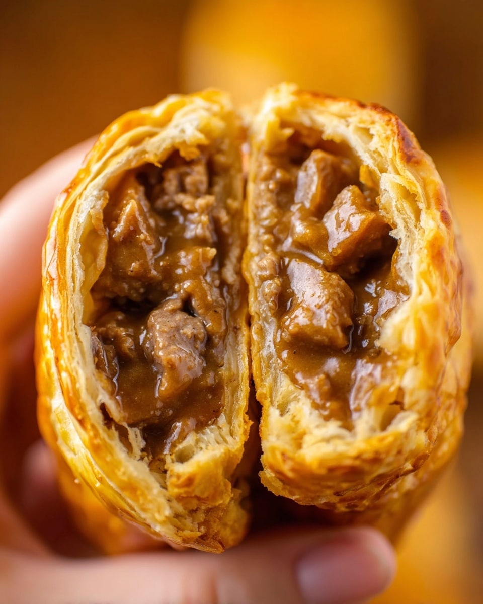 The image shows a close-up of a golden-brown pastry cut in half, revealing a thick, glossy brown meat filling inside. The outer crust looks flaky and crispy, with slight cracks showing its texture. The filling appears rich and juicy, with chunks of tender meat covered in a smooth gravy. A woman's hand holds the pastry gently from the bottom, with a soft blurred background in warm tones. Photo taken with an iphone --ar 4:5 --v 7