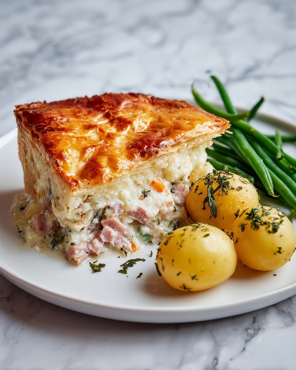 A white plate holds a golden brown puff pastry layer on top, showing a slightly shiny and flaky texture with small cracks. Underneath the pastry is a creamy layer with visible pieces of light brown and orange bits, suggesting a thick filling with herbs. On the right side of the plate, three small round yellowish potatoes mixed with green herbs sit next to a tidy bundle of fresh green beans that look crisp and bright. The plate is set on a white marbled surface. Photo taken with an iphone --ar 4:5 --v 7