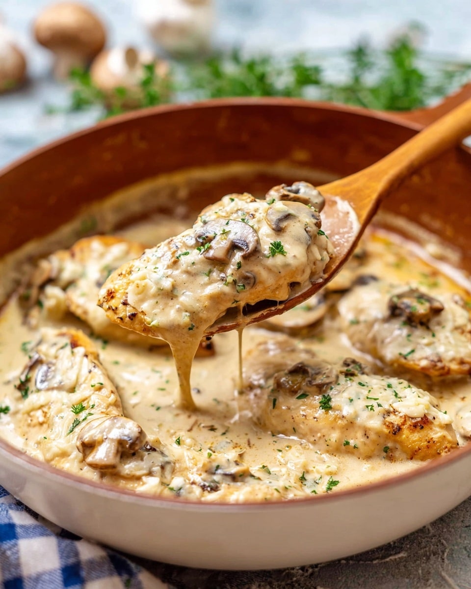A close-up view of a white pan filled with creamy chicken and mushroom slices in a light beige sauce with green herbs sprinkled on top. The dish has thick, smooth sauce coating two layers: the bottom layer is mushroom pieces in the sauce, while the top layer features chicken slices covered in melted cheese and herbs. A wooden spoon is lifting one piece of chicken covered in sauce, with some sauce dripping from it. The background has a soft focus on a white marbled texture with some green herbs and a checked cloth visible. Photo taken with an iphone --ar 4:5 --v 7