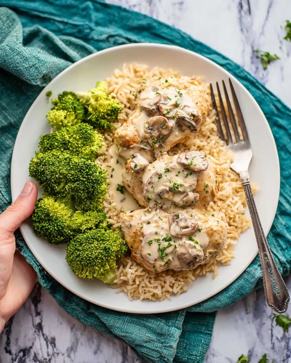 A white plate shows three light brown chicken pieces covered in creamy white sauce with small mushroom slices and green herb bits spread on top, resting over a bed of golden brown rice that fills the left half of the plate. To the right side, there are bright green broccoli florets neatly arranged. The plate sits on layered green and blue cloths, all placed on a white marbled surface. A silver fork lies next to the broccoli on the plate, with a woman's hand gently holding it. Photo taken with an iphone --ar 4:5 --v 7