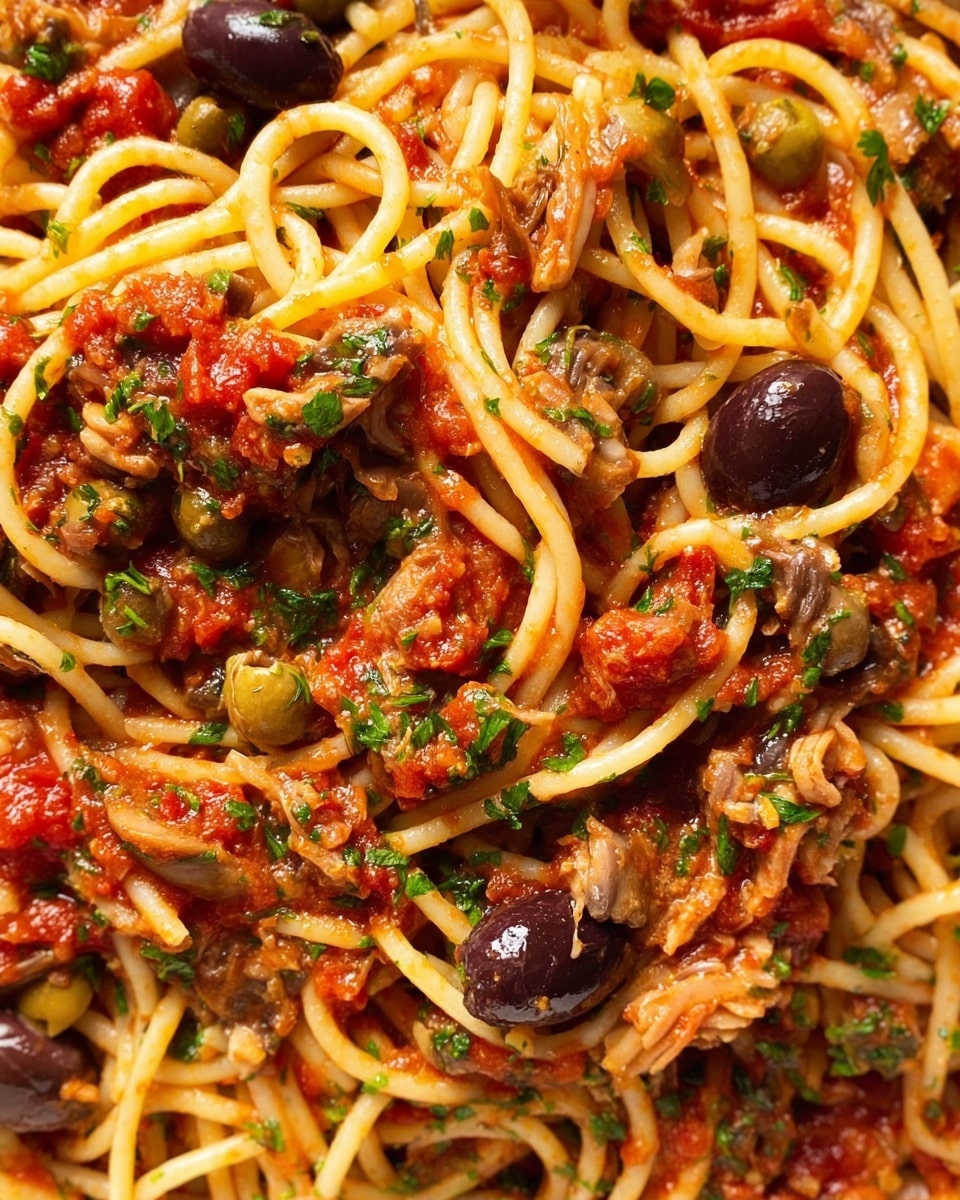 The image shows a close-up view of spaghetti mixed with a chunky red tomato sauce with bits of herbs scattered throughout. The spaghetti strands are light yellow and intertwined all over. Dark black olives and green capers are spread evenly within the sauce. There are also small pieces of shredded light brown meat and slices of mushrooms mixed in. The surface beneath is a white marbled texture. Photo taken with an iphone --ar 4:5 --v 7