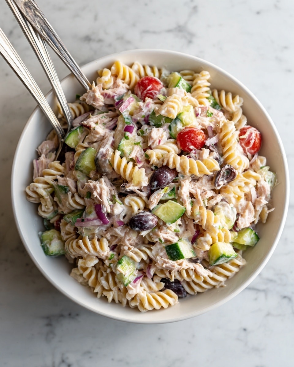 A white bowl filled with creamy pasta salad made of spiral pasta mixed with chopped green cucumber pieces, red cherry tomato halves, dark purple olives, and small bits of green herbs. The creamy sauce coats every piece, giving the pasta a slightly off-white color with visible flecks of herbs. Two silver forks are placed on the side of the bowl, with one fork holding a small portion of the pasta. The bowl is set on a white marbled surface with some green herb sprigs and a small glass bowl of white crumbly cheese in the background. Photo taken with an iphone --ar 4:5 --v 7