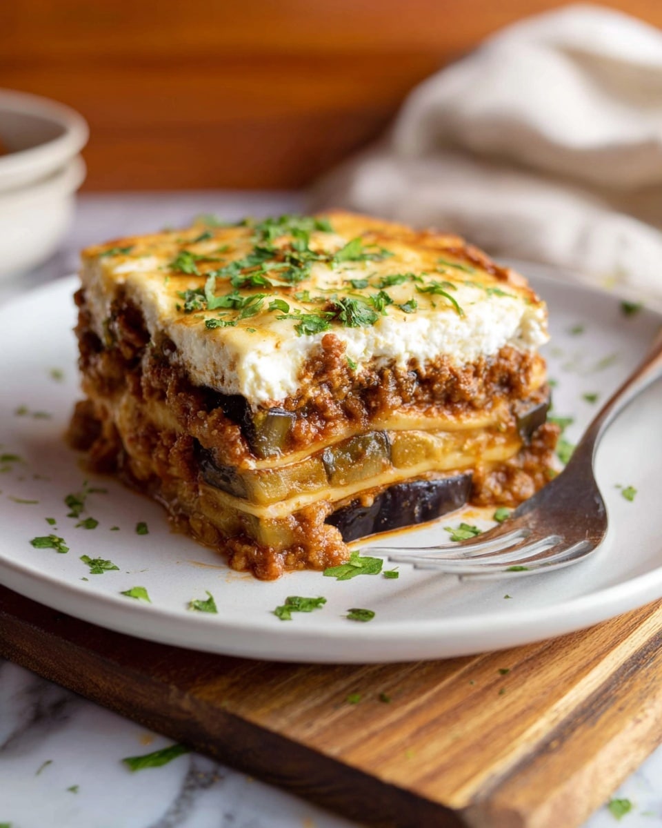 A baked lasagna sits in a white rectangular pan, showing four large square pieces with a golden-brown top layer of melted cheese, some parts darker and slightly crispy, sprinkled evenly with small green herb bits. The layers beneath the cheese reveal creamy white sauce and hints of red sauce peeking from the edges. The top cheese layer has a textured, bubbly surface with browning in spots, creating a rich and appetizing look. The pan rests on a white marbled surface. photo taken with an iphone --ar 4:5 --v 7