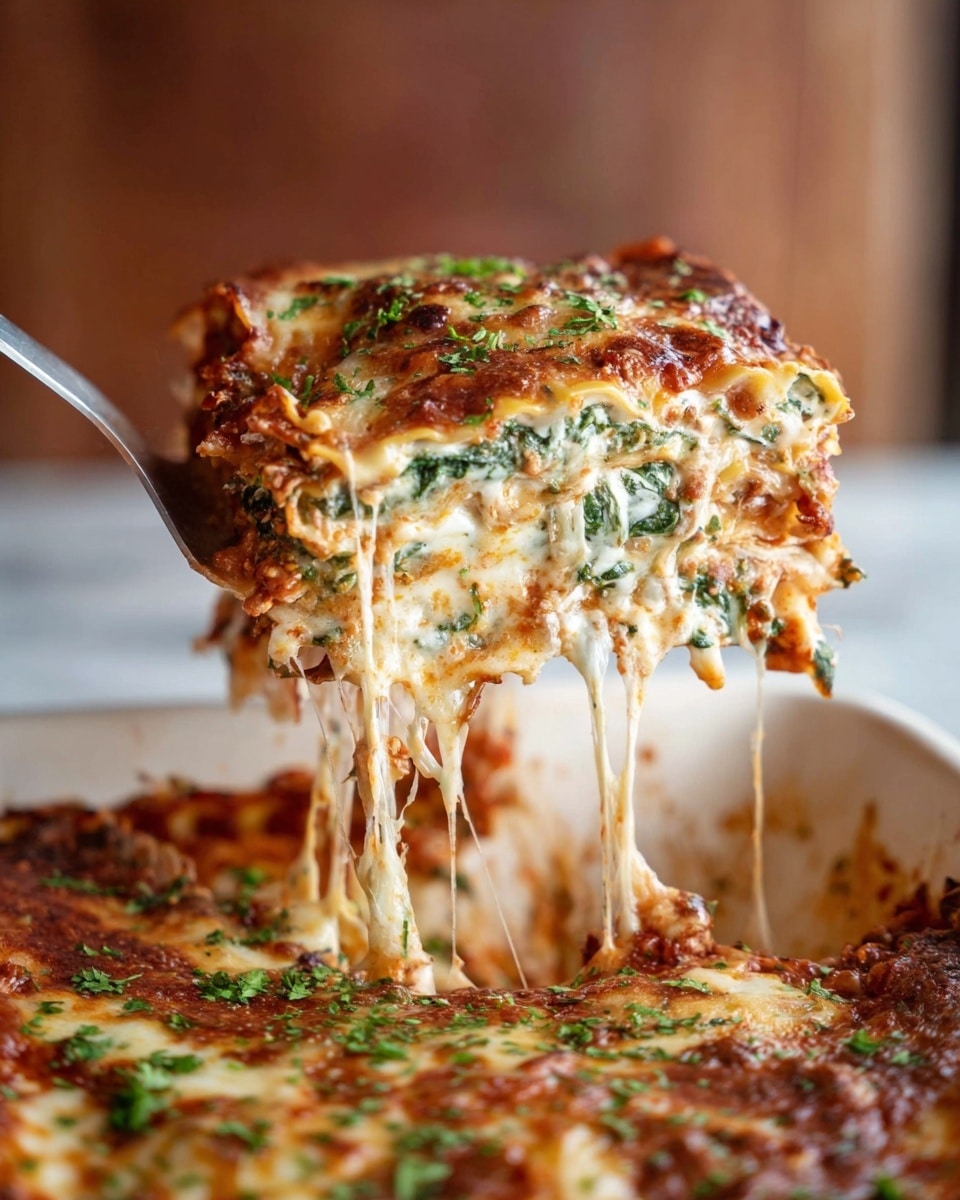 A thick, square slice of lasagna is lifted up showing five layers of ingredients: golden-brown melted cheese on top with green herbs sprinkled, followed by light yellow melted cheese, a layer with fresh green spinach leaves, a rich red tomato sauce mixed with cheese in the next layer, and a bottom layer of creamy white cheese with bits of herbs, all held between soft, pale lasagna noodles. Long strings of melted cheese stretch down from the slice to the rest of the lasagna in the white baking dish underneath, which has browned, slightly crispy edges. The background is a soft blur of brown and grey tones with a white marbled surface below. Photo taken with an iphone --ar 4:5 --v 7