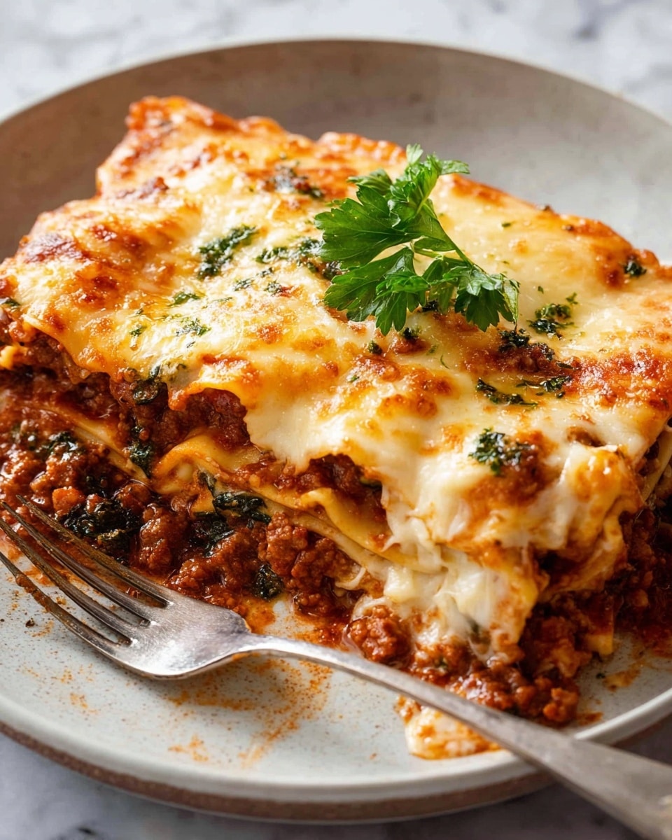 A large piece of lasagna with several thick layers sits on a white plate over a white marbled surface. The bottom layer is a dark, rich meat sauce mixed with herbs, topped by soft pasta sheets in pale yellow. Above that is a layer of melted, golden cheese that looks slightly bubbly and stretchy. There is another layer of meat sauce and pasta, then the top thick layer is covered with gooey melted cheese that is golden brown in spots. A small sprig of fresh green parsley rests on top. A silver fork lies on the edge of the plate next to the lasagna. Photo taken with an iphone --ar 4:5 --v 7