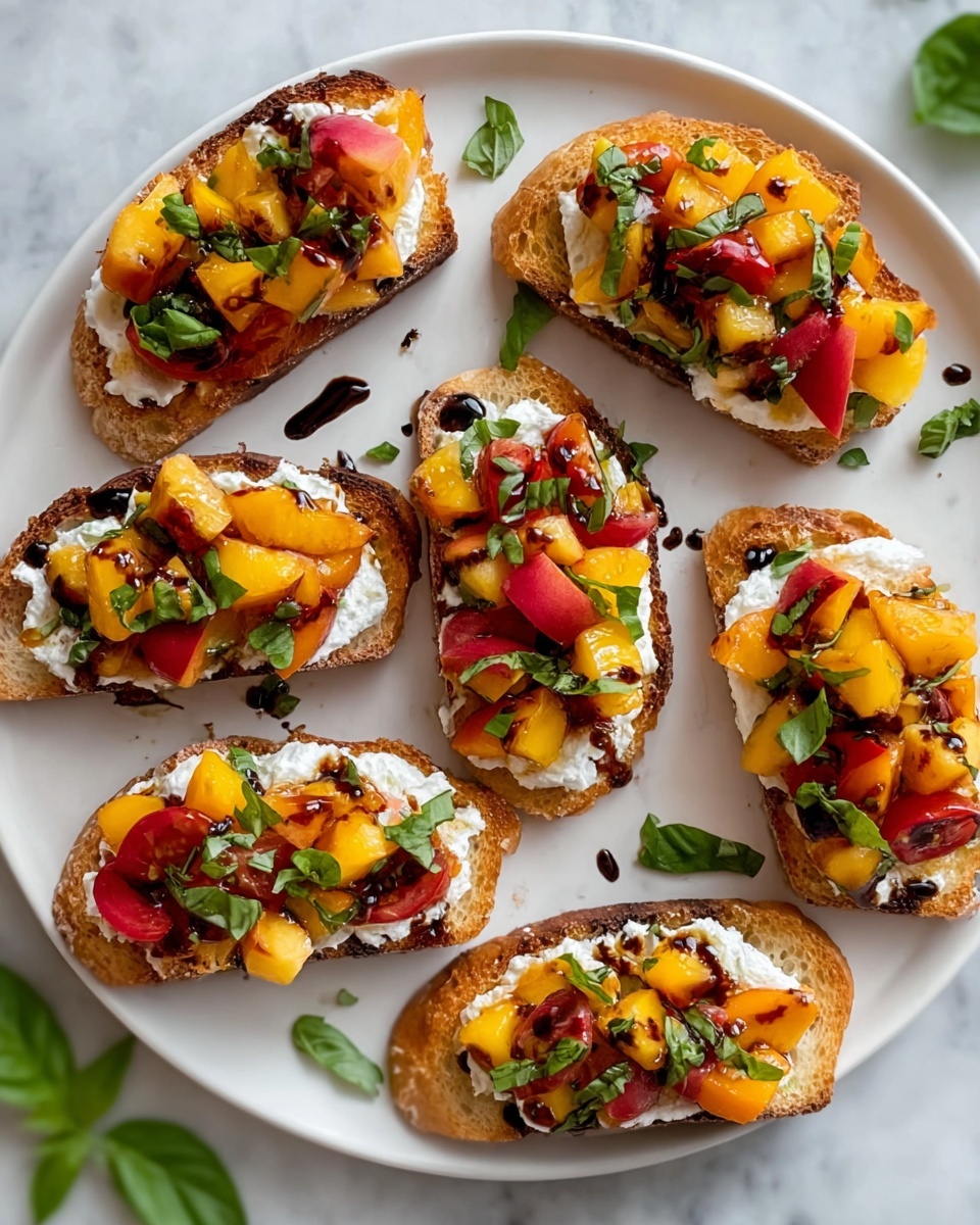 The image shows seven toasted bread slices arranged on a white plate over a white marbled surface. Each toast has three layers: the base is a golden brown toasted bread slice with crispy edges, the second layer is a spread of white creamy cheese, and the top layer is a mix of diced yellow and red peaches and red cherry tomatoes, all drizzled with a dark balsamic glaze and garnished with fresh green basil leaves. The composition is bright and colorful with a fresh summer feel. Photo taken with an iphone --ar 4:5 --v 7