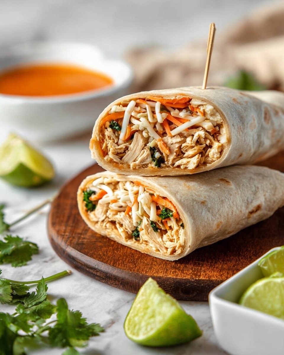 The image shows two halves of a wrap stacked on a wooden board, each half filled with three visible layers: the outside light brown soft tortilla, the middle layer of shredded white noodles and orange carrot strips mixed with green herbs, and the inner layer of small beige pieces of chicken. In the background, there is a white bowl with an orange sauce on the left and a small white square dish with lime wedges on the right. Fresh green cilantro leaves and lime wedges are scattered around the board on a white marbled surface. The wrap halves are held together with a thin wooden skewer. Photo taken with an iphone --ar 4:5 --v 7