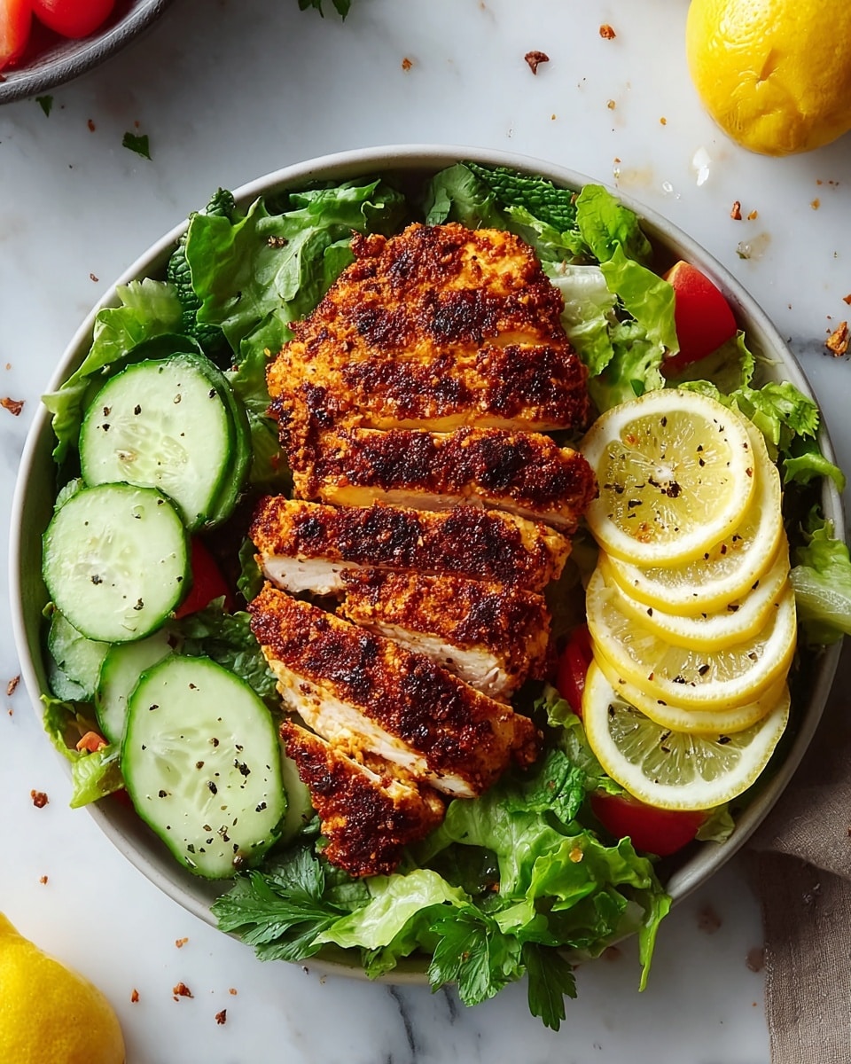 A sliced, golden-brown grilled chicken fillet with a crispy, seasoned crust lies on a bed of bright green leafy lettuce covering most of a white plate. On the right side, there are three thin lemon wedges stacked, showing fresh, shiny yellow flesh. On the left and top right, thick, moist cucumber slices rest on the lettuce, adding a pale green color with black pepper specks on the surface. Small pieces of red tomatoes peek out under the chicken and lettuce. The plate sits on a white marbled surface with scattered crumbs and a few whole lemons and tomatoes nearby. photo taken with an iphone --ar 4:5 --v 7