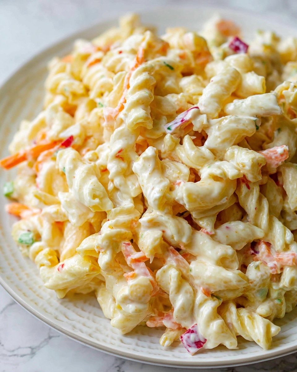 The image shows a close-up of a plate filled with macaroni salad. The salad has three main visible layers: tender, pale yellow twisted pasta shapes, small pieces of orange carrot, and tiny bits of red and green vegetables mixed throughout, all coated in a creamy white dressing. The plate is white with a subtle pattern, and it rests on a white marbled surface. The overall look is creamy and colorful with a mix of soft and crunchy textures. Photo taken with an iphone --ar 4:5 --v 7