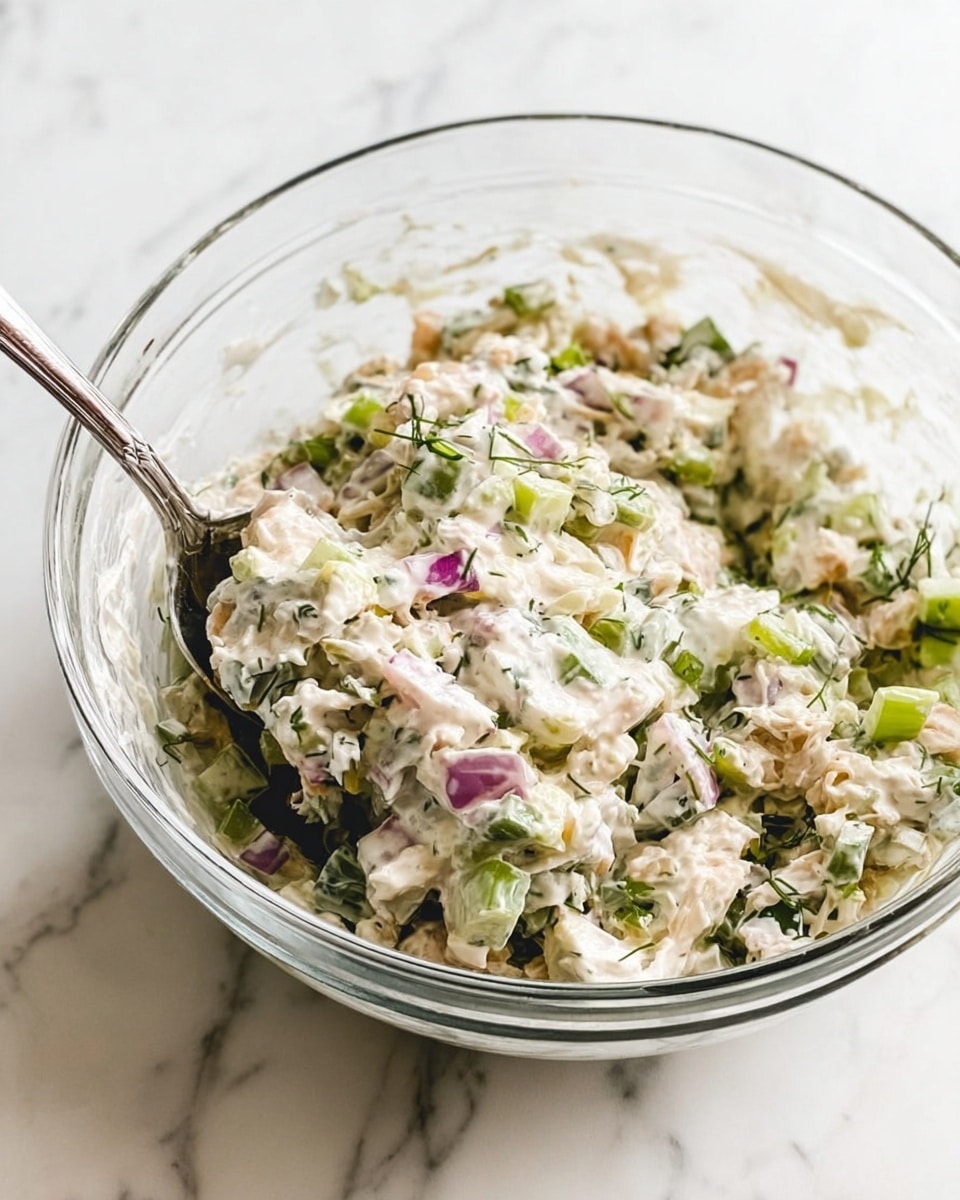 A clear glass bowl filled with a creamy mixed salad showing about five layers of chopped ingredients; the base layer has tiny white and light brown pieces, mixed with small green celery bits and thin purple onion slices scattered throughout, all coated in a creamy white dressing with visible green herbs sprinkled in, creating a textured look. A silver spoon is partly inside the bowl, with the bowl sitting on a white marbled surface. Photo taken with an iphone --ar 4:5 --v 7