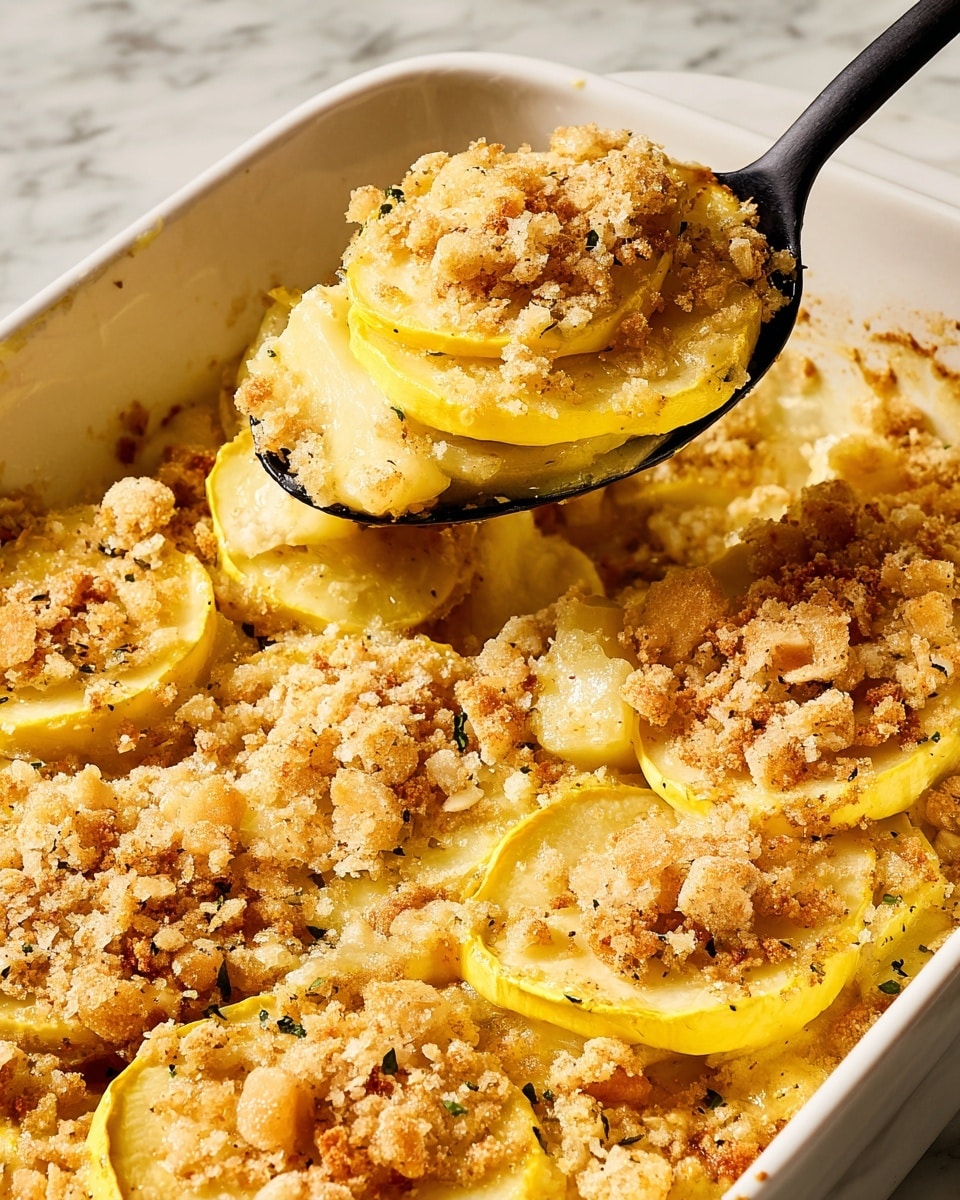 The image shows a white baking dish filled with multiple round yellow squash slices in layers, each topped with a golden crumbly topping made from crushed crackers or crumbs. The squash slices are thick and soft, with some sauce or cheese bubbling around them, giving a creamy texture. A black spoon is holding a scoop of the dish, showing two squash rounds stacked with the same crumb topping on top. The background is a white marbled texture. photo taken with an iphone --ar 4:5 --v 7