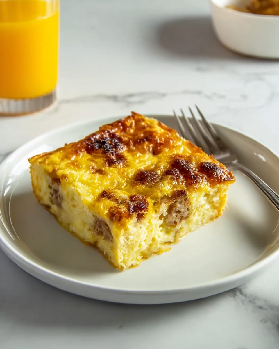 A square piece of baked dish with a golden brown top showing a slightly crispy texture and browned spots, with visible bits of cooked meat in the pale yellow inside. The piece is placed on a white plate, which rests on a white marbled surface. To the right side of the plate is a silver fork, and in the background, there is a glass of orange drink. The lighting shows a soft natural light highlighting the food’s texture. Photo taken with an iphone --ar 4:5 --v 7